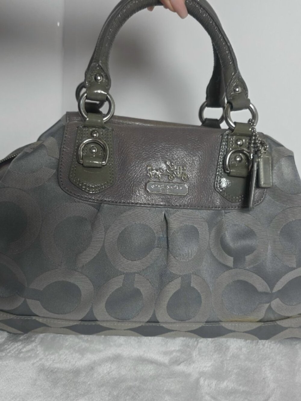Coach Madison Op Art Sabrina Satchel in gray with silver hardware.
